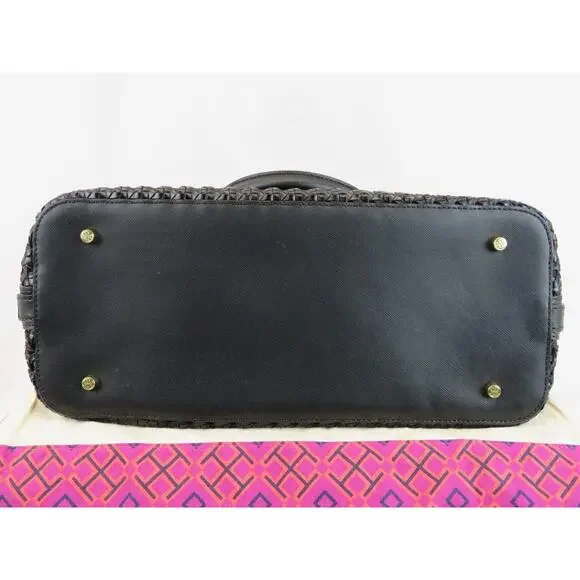 $525 TORY BURCH ROBINSON BLACK BASKET WOVEN LEATHER LOGO SATCHEL TOTE HANDBAG